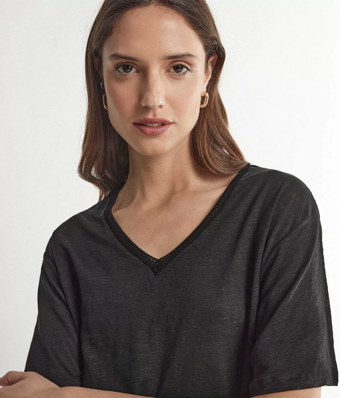 Falconeri T Shirt Con Scollo A V In Lino Con Bordi In Retina Online