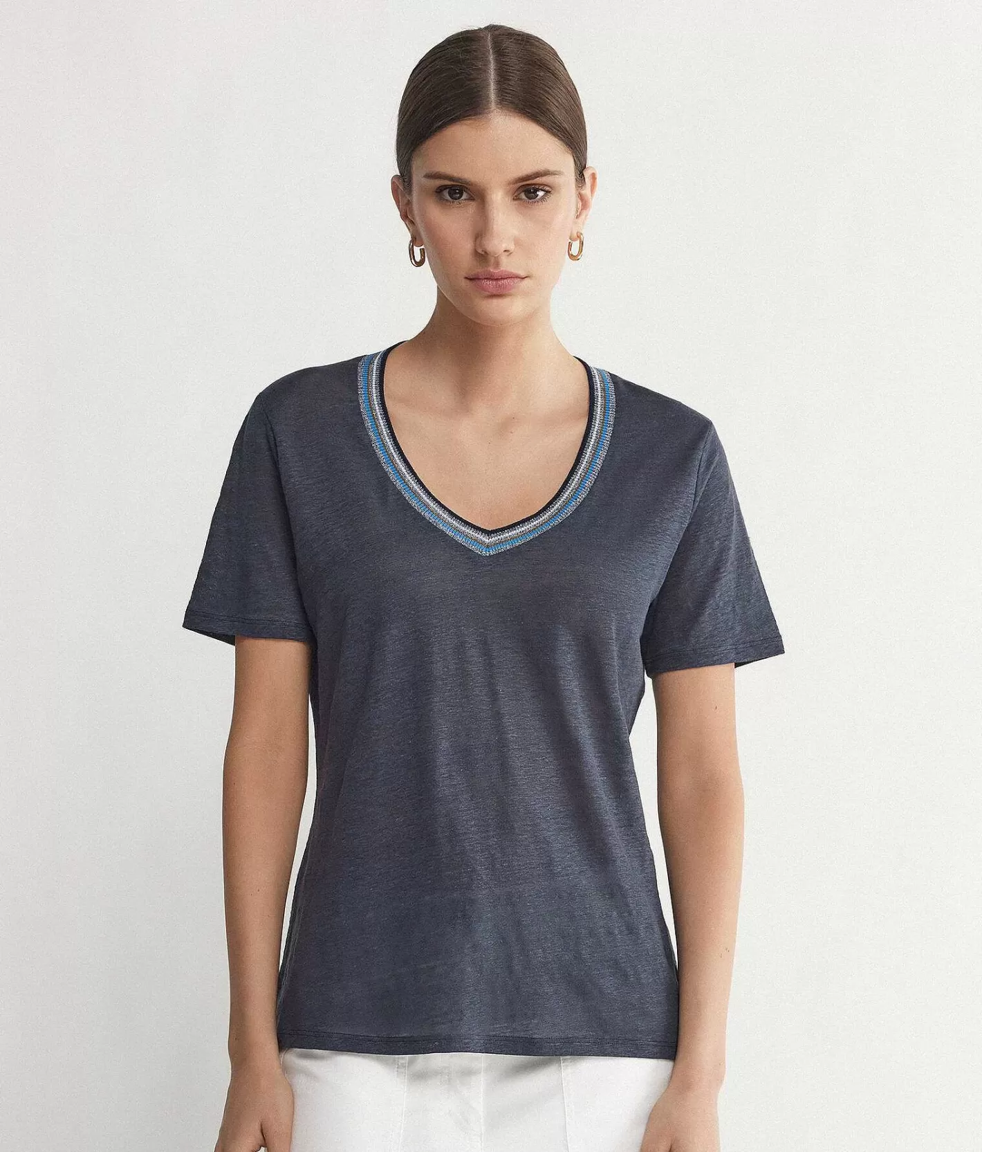 Falconeri T-Shirt Con Scollo A V Bordi Multicolor In Lino Best Sale