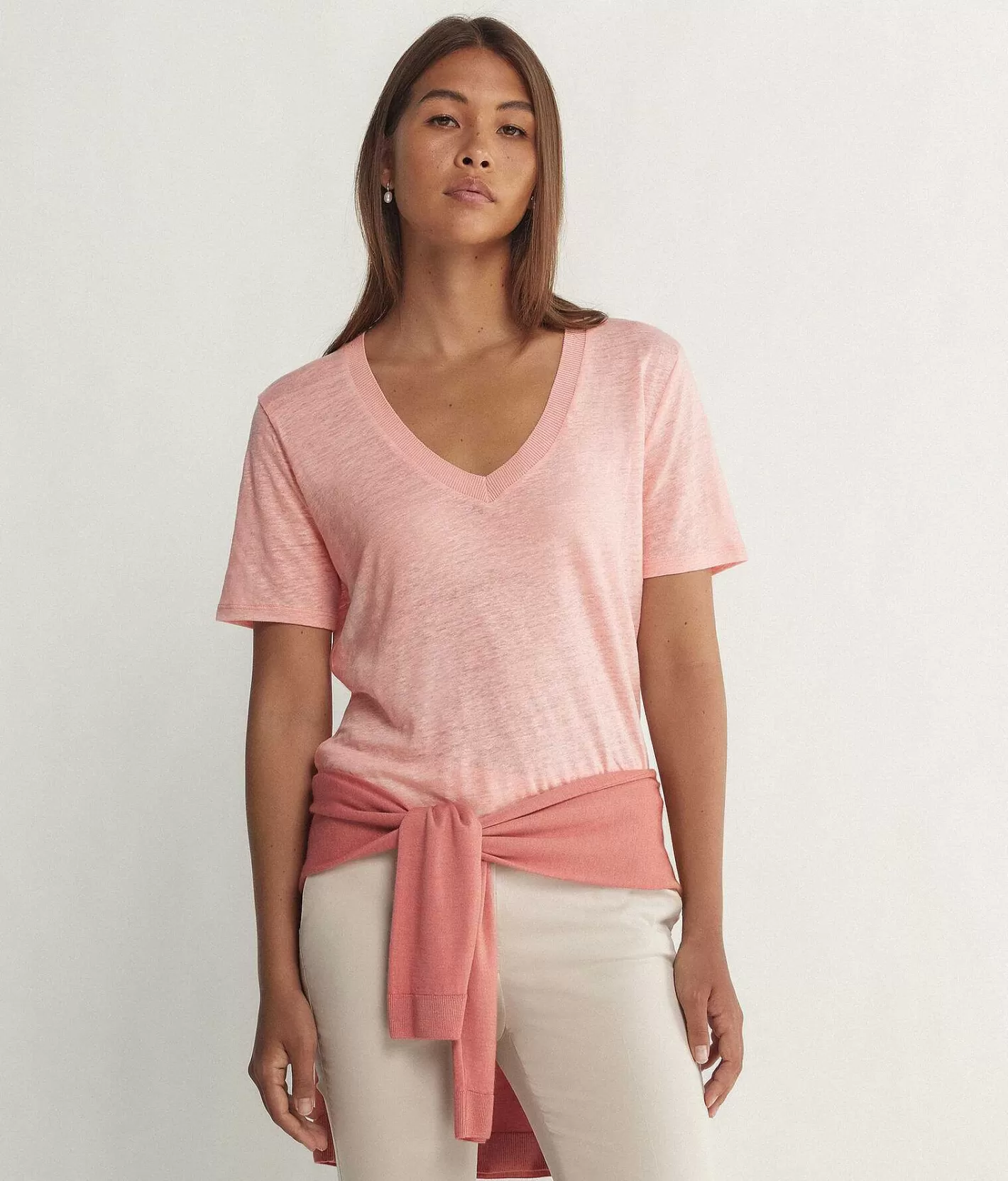 Falconeri T-Shirt In Lino Scollo A V Con Bordo In Maglia Hot